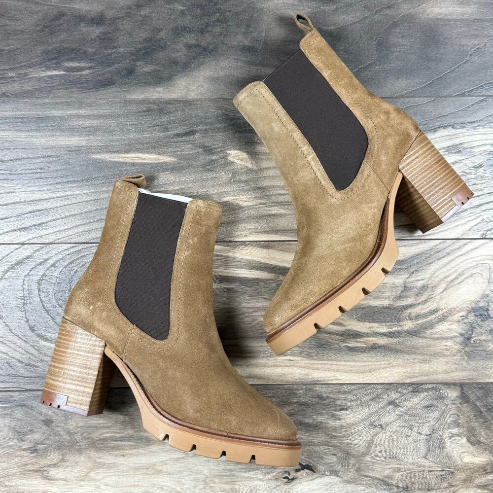 NIB Vintage Foundry Co 10 Penelope Suede Block Heel Chelsea Booties Light Brown - Picture 2 of 11